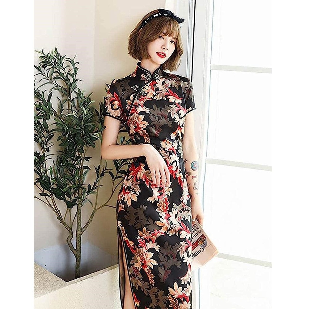 Traditional Chinese Floral Print Cheongsam Black Red Women L